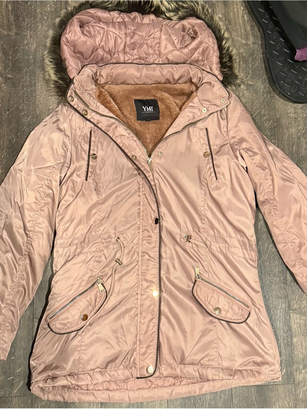 YMI Women's Dusty Pink Hooded Parka with Faux Fur Trim